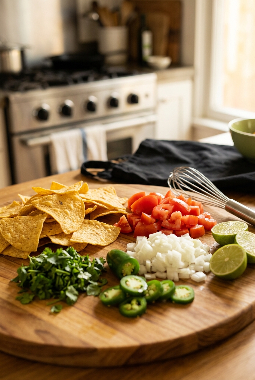 A cutting board with tortilla chips, roma tomatoes, onion, jalapeno, cilantro, and limes ready for chilaquiles