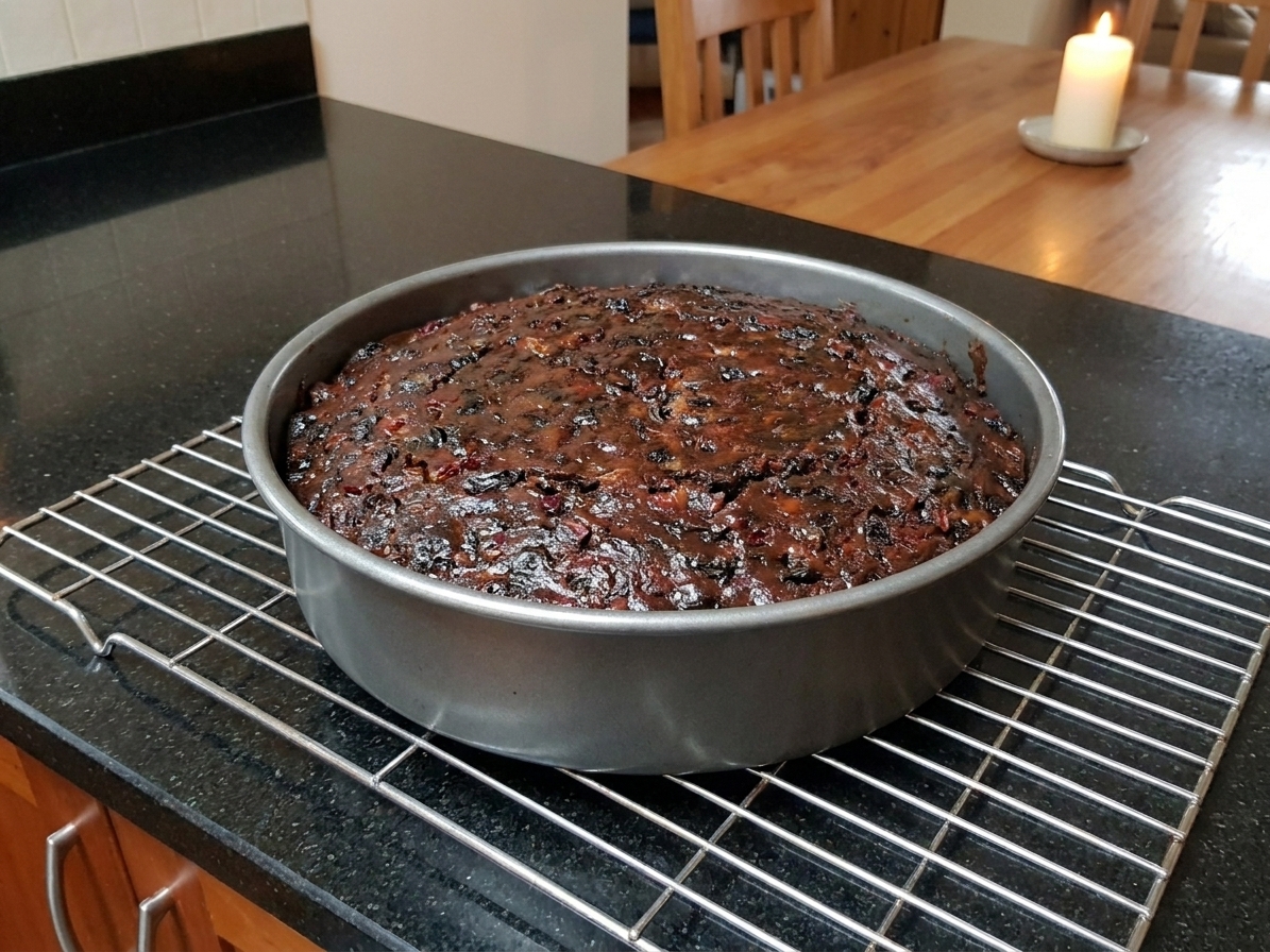 A dark Jamaican black cake cooling in a round cake pan on a wire rack on a kitchen counter