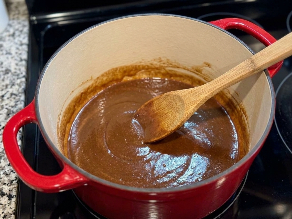 A dark brown roux being stirred in a Dutch oven on a stovetop, showing a glossy, smooth texture