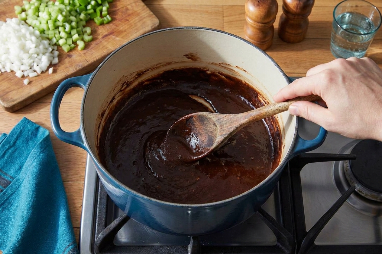 A dark chocolate-colored roux being stirred with a wooden spoon in a heavy Dutch oven on a stovetop