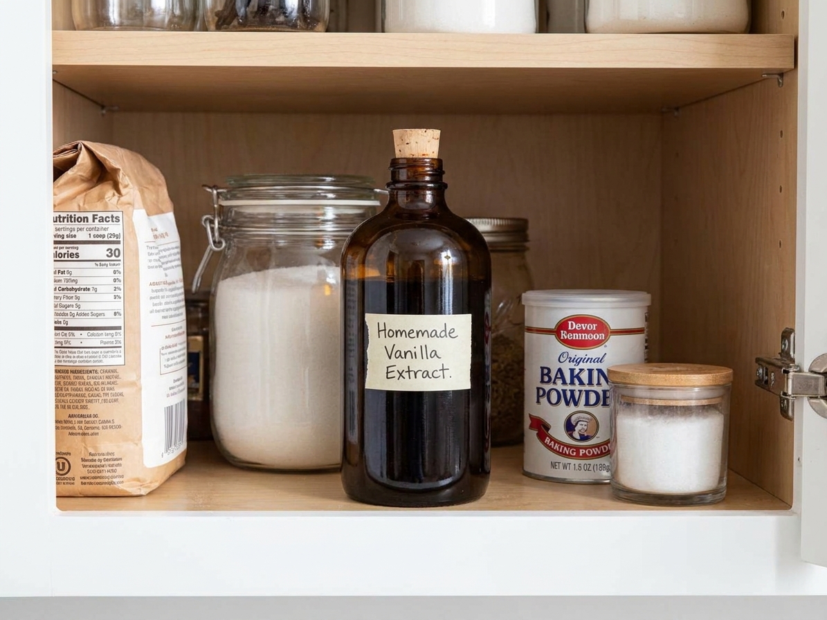 A dark glass bottle of vanilla extract resting in a kitchen cabinet with baking staples nearby, softly lit