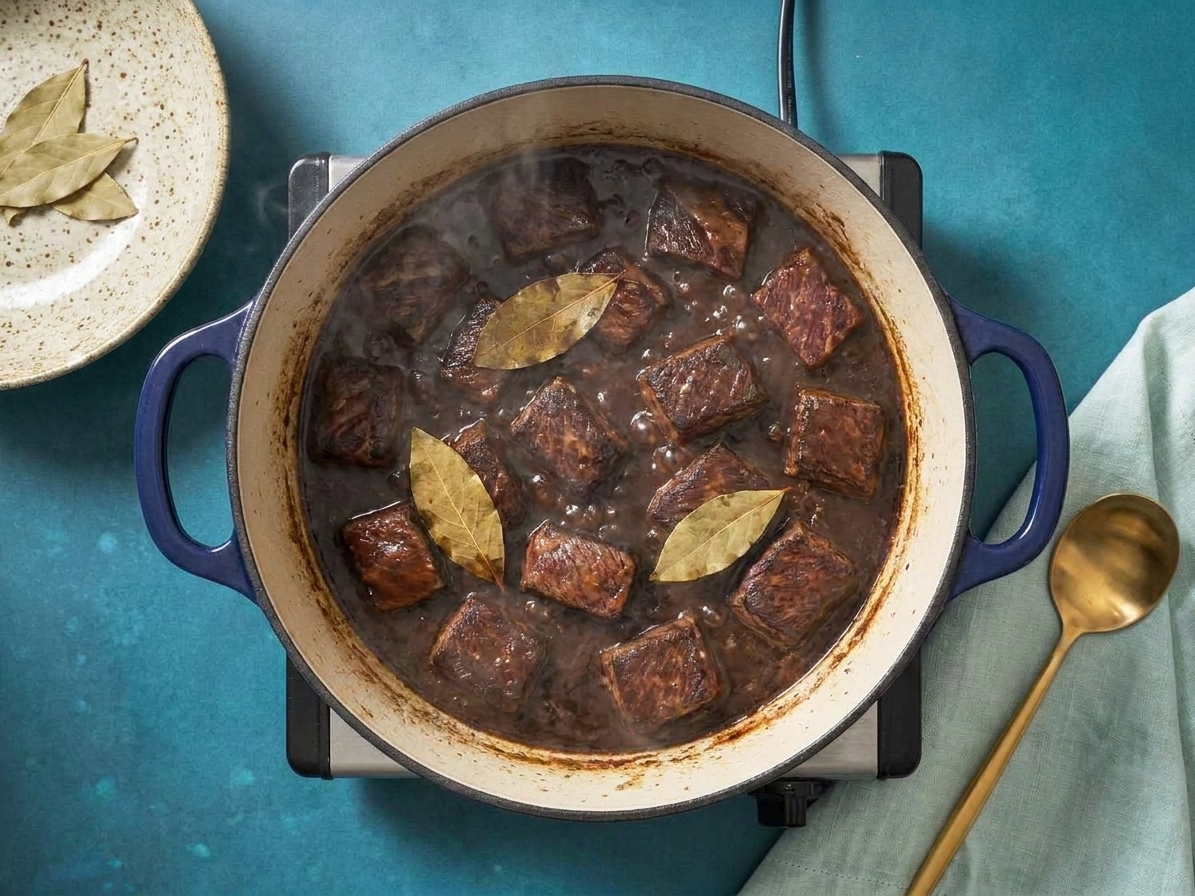 A dark, glossy pepperpot gently simmering in a pot with bay leaves visible on the surface