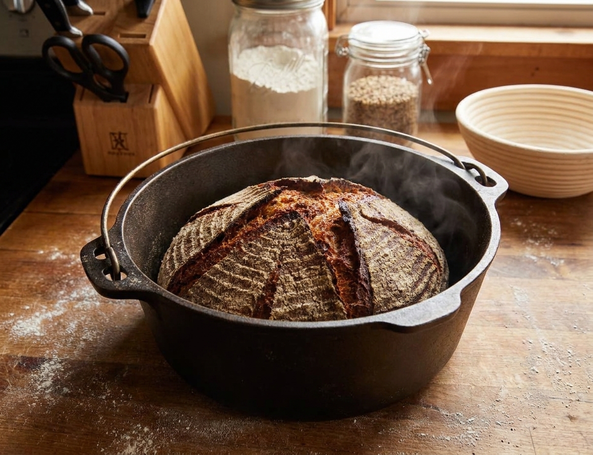 A dark golden rye sourdough loaf sitting inside an open Dutch oven just after baking