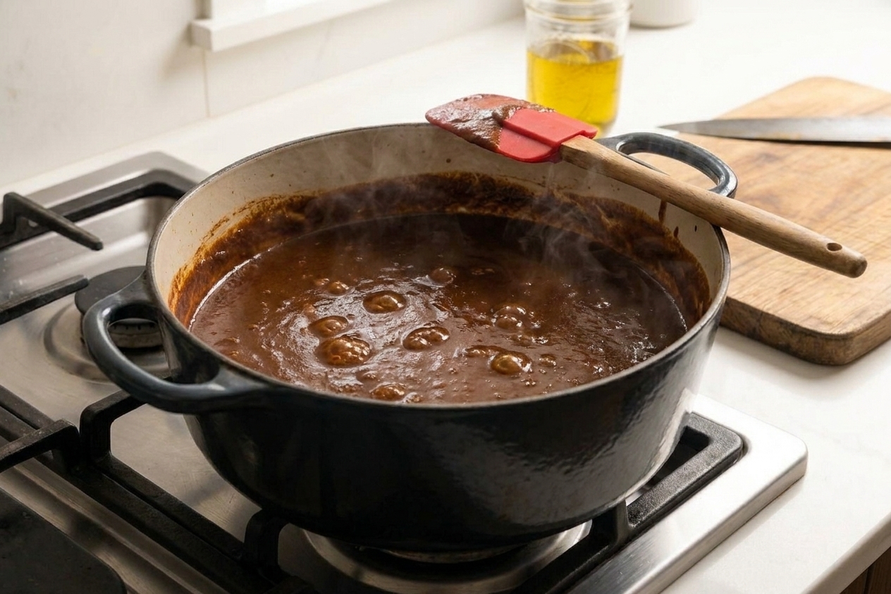 A dark mole sauce gently simmering in a Dutch oven on the stove with a silicone spatula resting on the rim