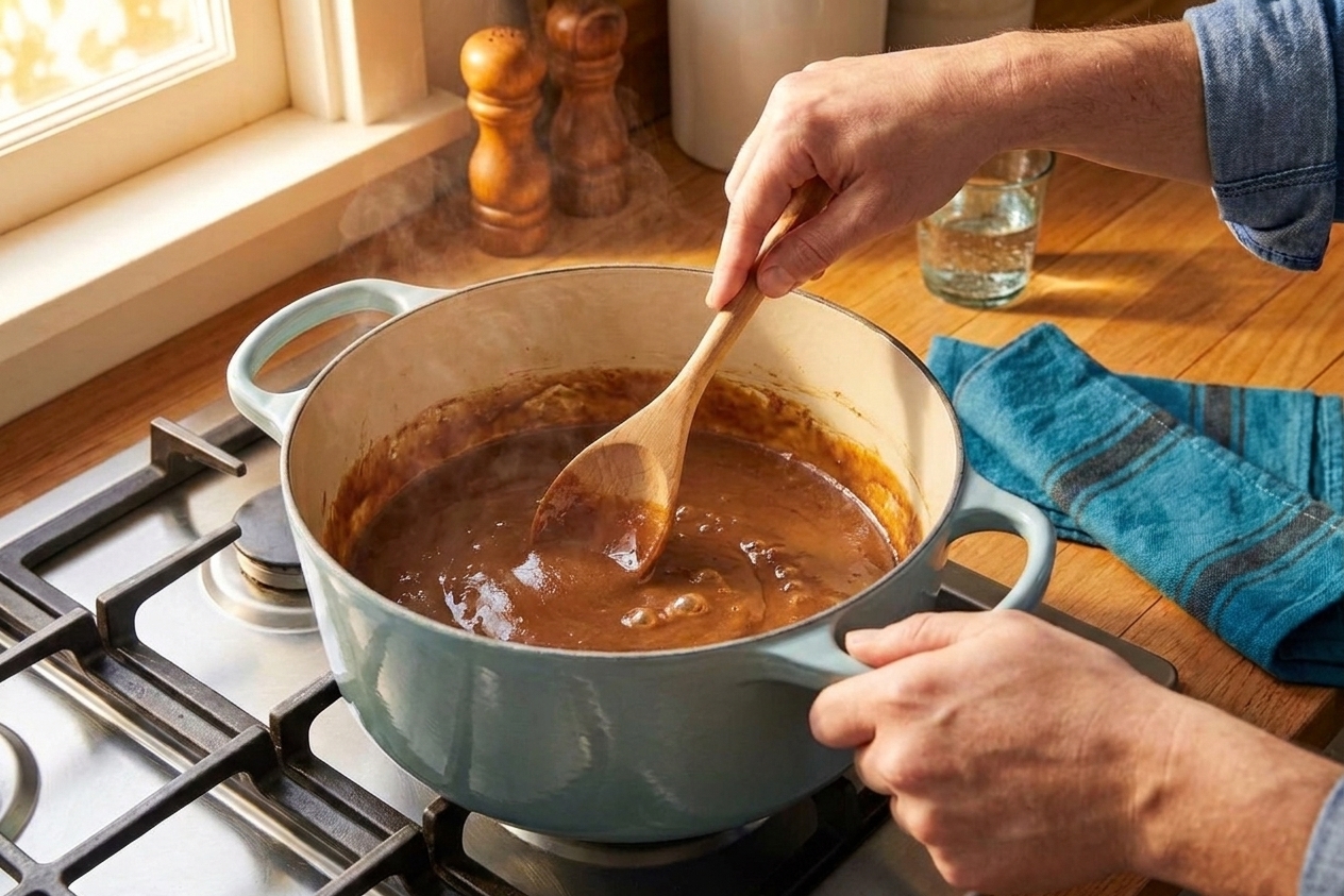 A dark peanut butter colored roux being stirred in a Dutch oven on a stovetop, glossy and smooth