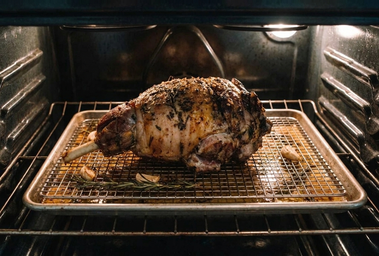 A deboned leg of lamb roasting on a rack set over a rimmed baking sheet inside a home oven