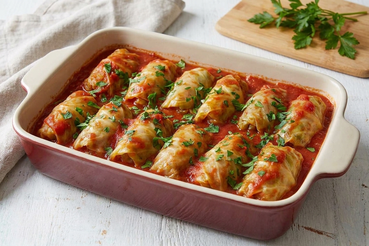 A deep baking dish filled with Polish stuffed cabbage rolls (golabki) nestled in tomato sauce, lightly garnished with chopped parsley on a rustic wooden table under warm kitchen lighting