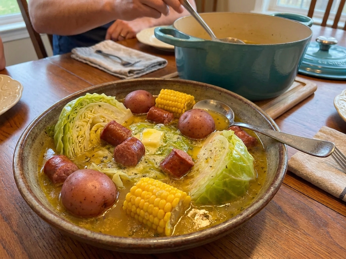 A deep bowl filled with cabbage boil including cabbage wedge, sausage, potatoes, and corn with buttery broth, set on a dinner table