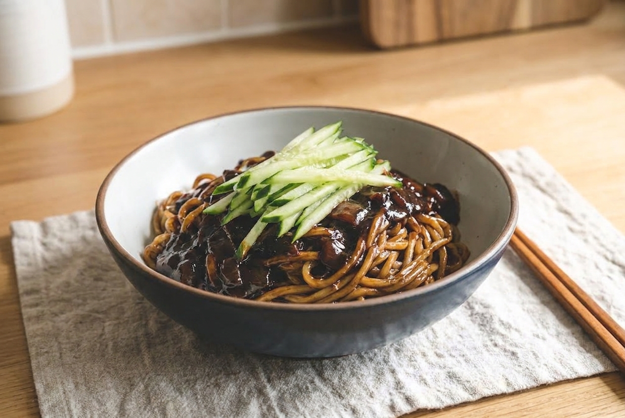 A deep bowl of chajangmyeon with glossy black bean sauce coating chewy noodles, topped with sliced cucumber on a wooden table in warm natural light