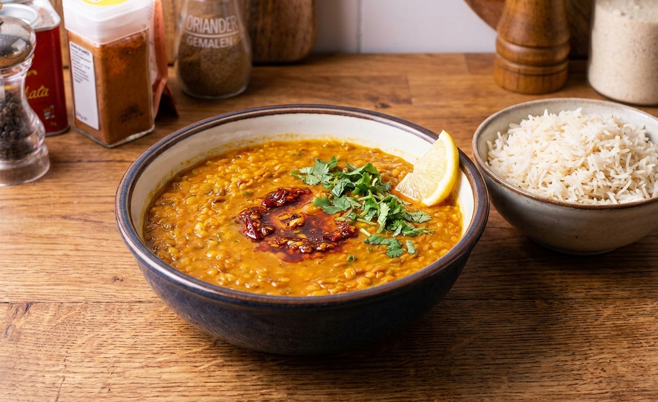 A deep bowl of masoor dal topped with a small pool of spiced oil, cilantro, and a lemon wedge, served next to basmati rice on a warm, homey wooden table