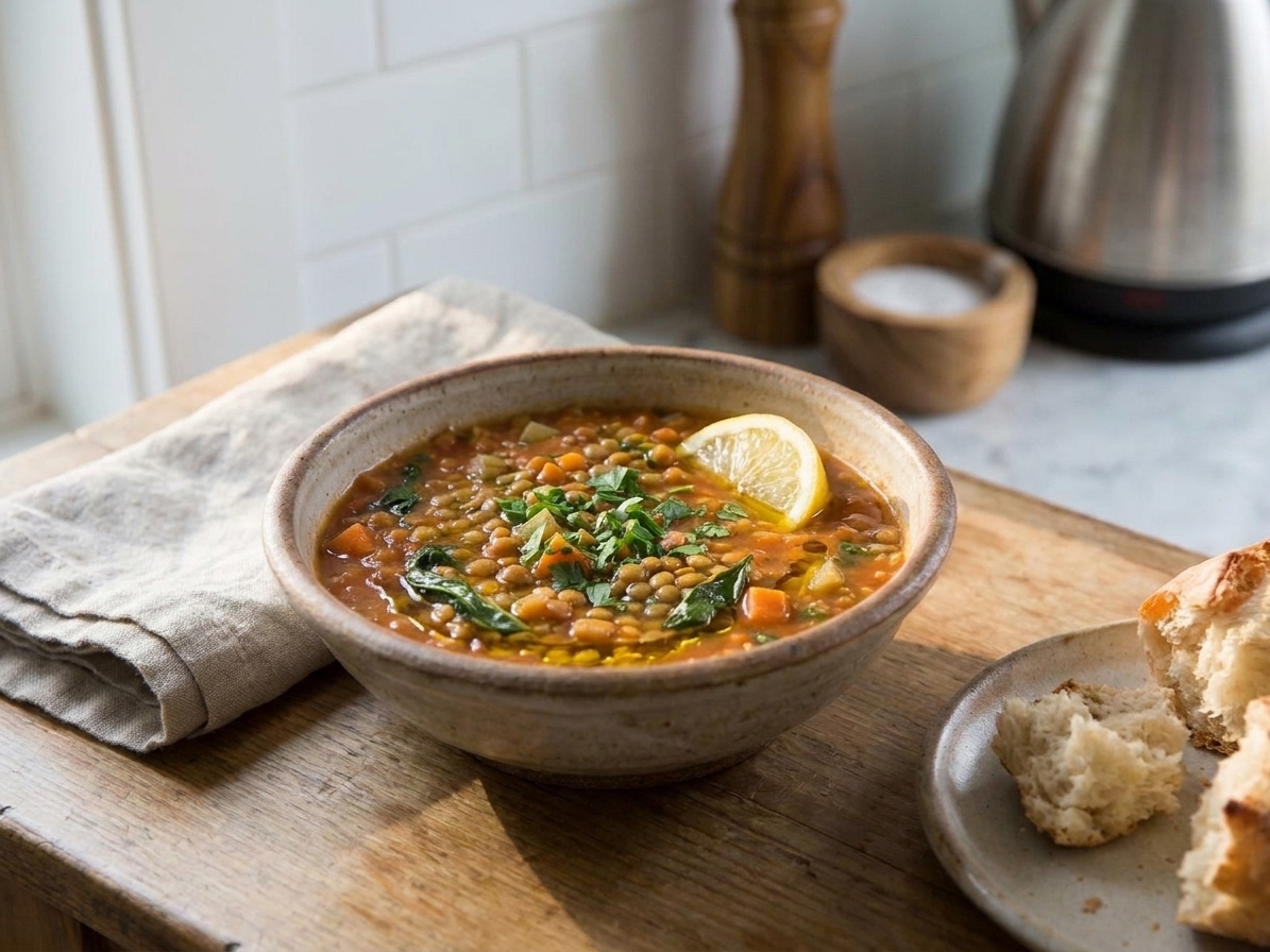 A deep bowl of red lentil stew topped with olive oil, chopped parsley, and a lemon wedge on a light kitchen table with soft window light