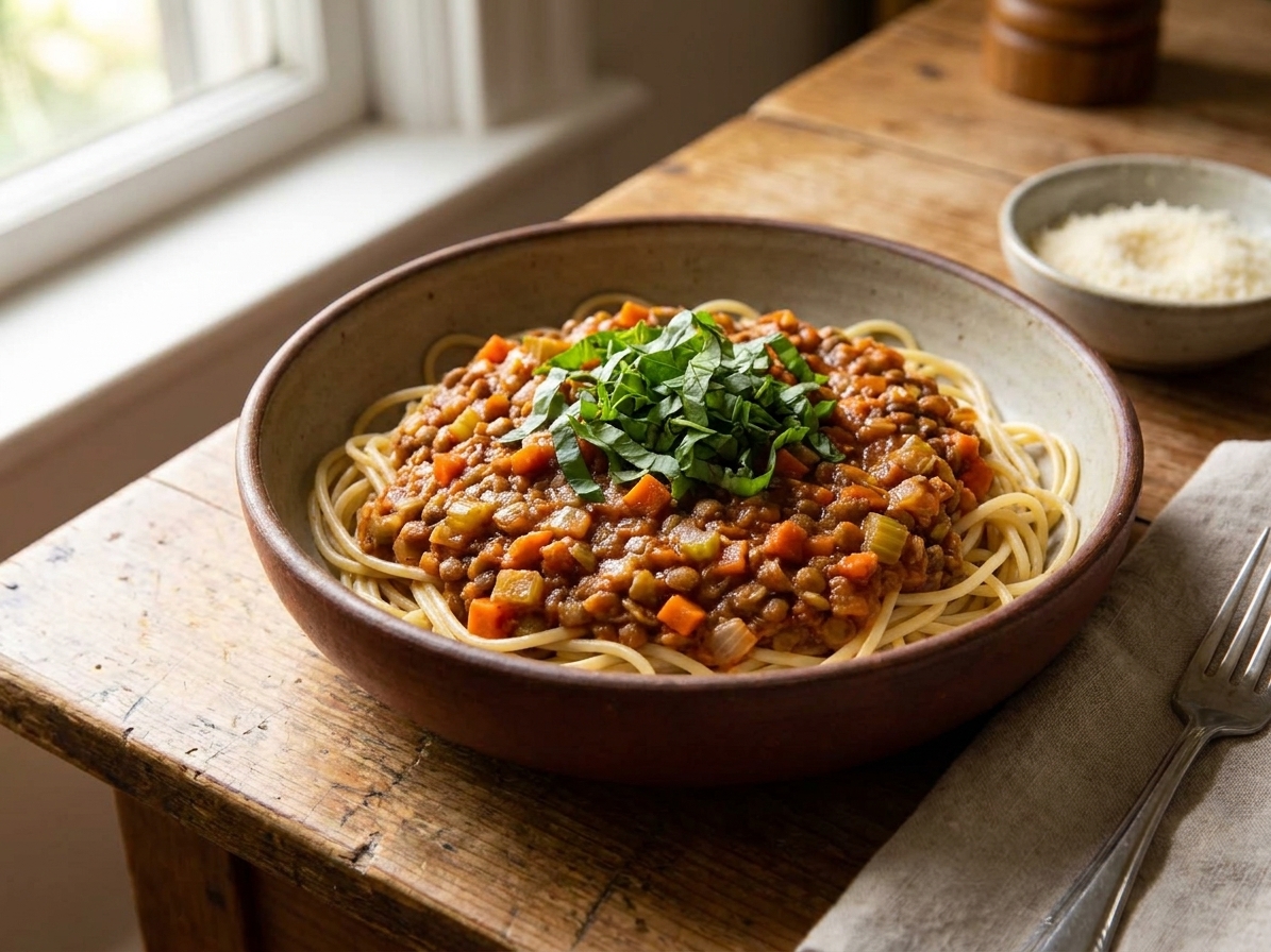 A deep bowl of spaghetti topped with thick lentil bolognese and chopped basil on a wooden kitchen table with warm natural light