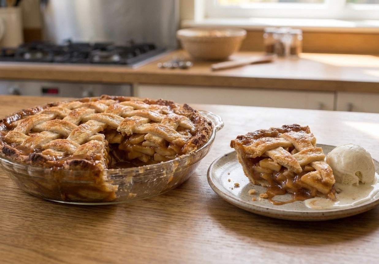 A deep-dish caramel apple pie with a flaky lattice crust, one slice removed to show glossy caramel-coated apple layers on a wooden table with warm kitchen lighting