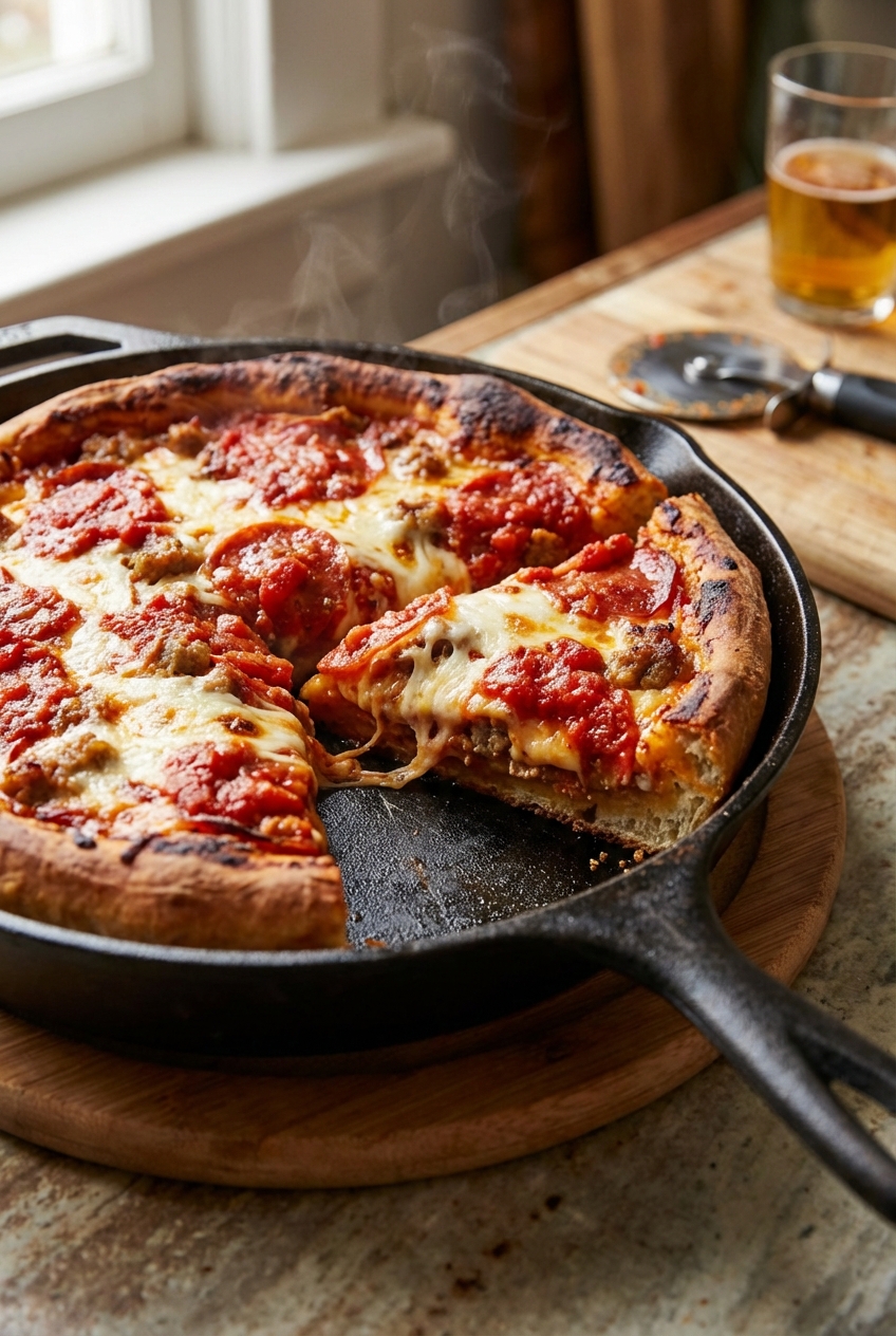 A deep dish pizza cooling in a cast iron skillet with a slice cut out