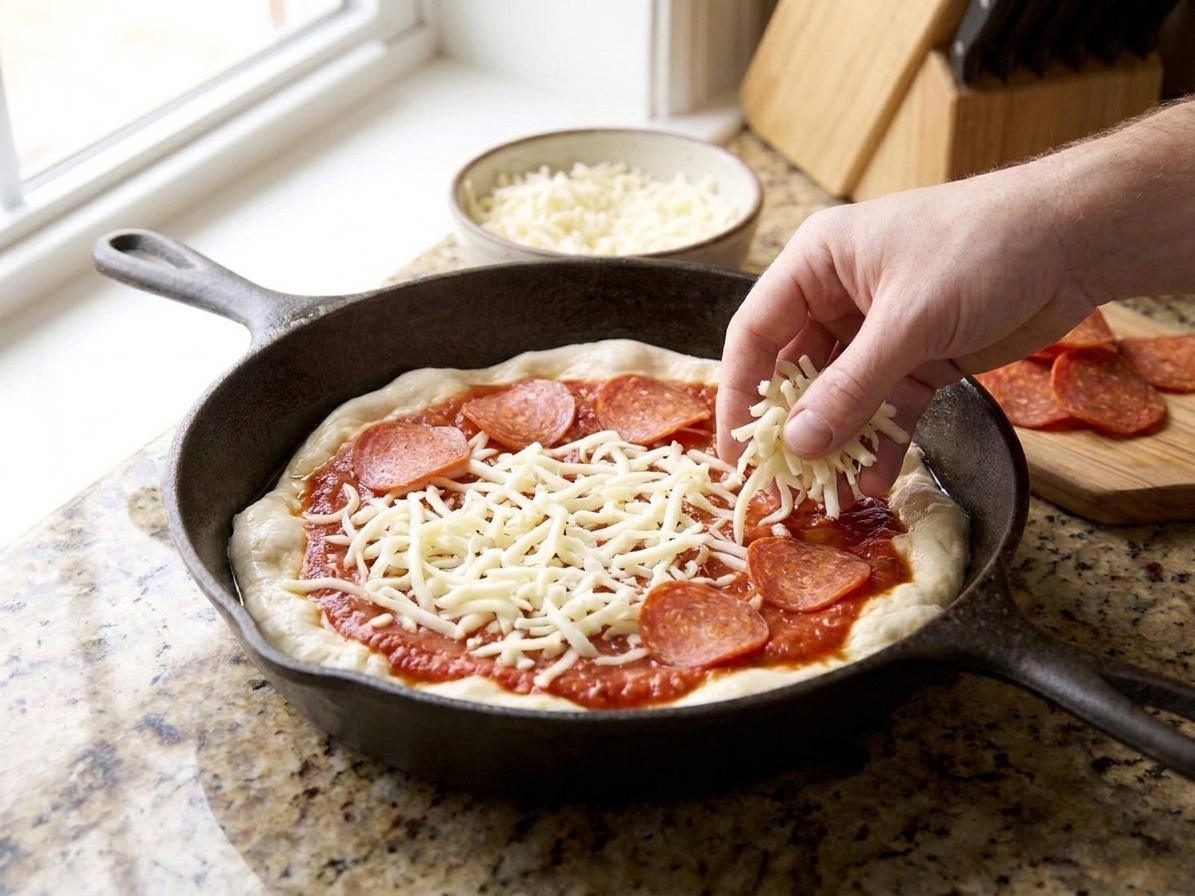 A deep pan pizza in a cast iron skillet being topped with shredded mozzarella, tomato sauce, and pepperoni on a kitchen counter