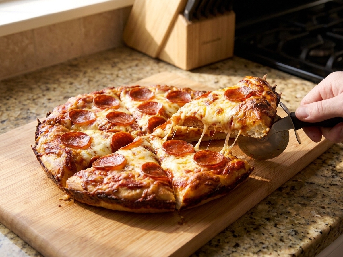 A deep pan pizza sliced into thick wedges on a wooden cutting board, cheese melted and edges crisp and browned