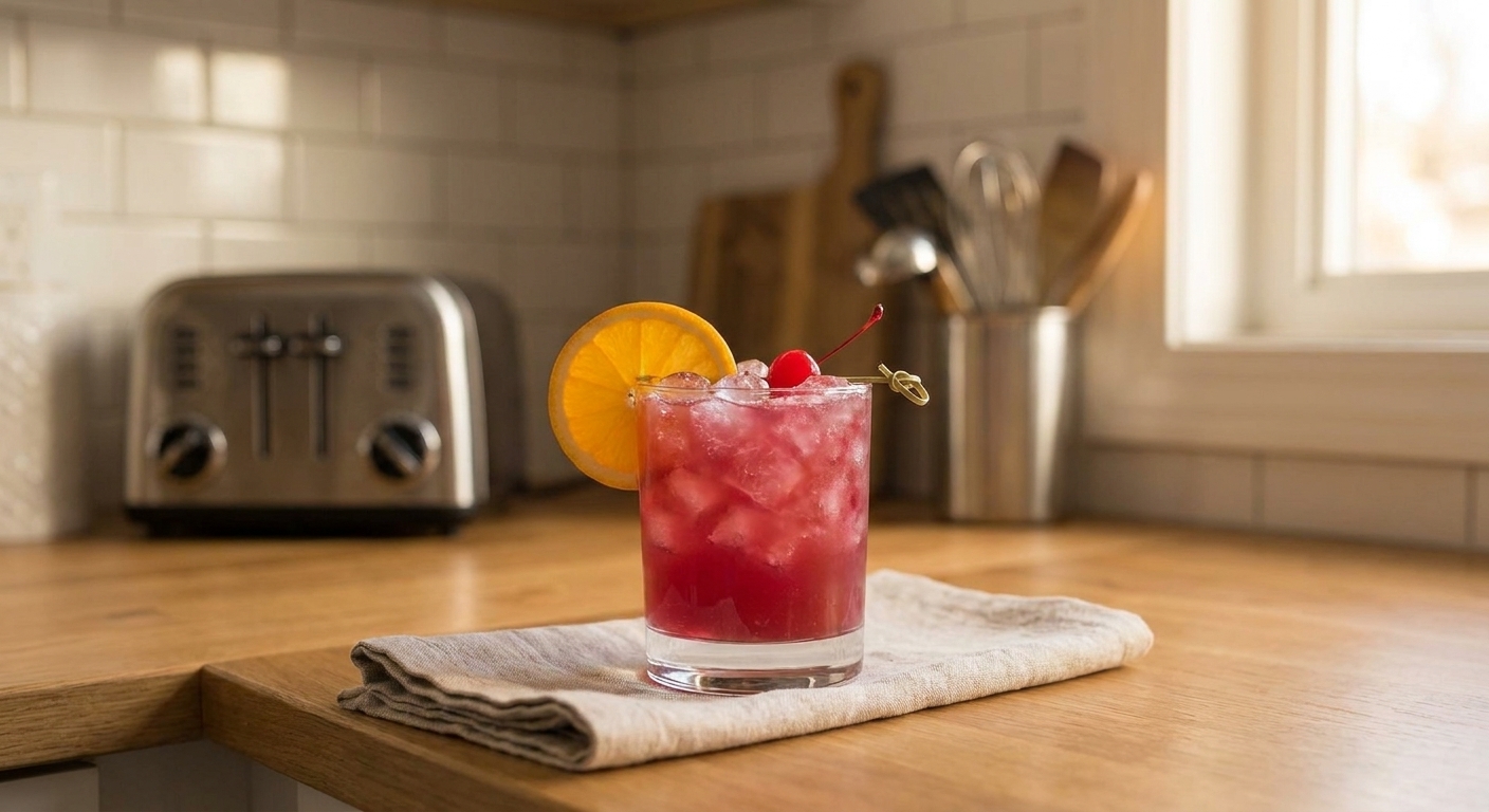 A deep pink Rum Runner cocktail in a rocks glass filled with crushed ice, garnished with an orange slice and a maraschino cherry on a warm kitchen counter with soft natural light