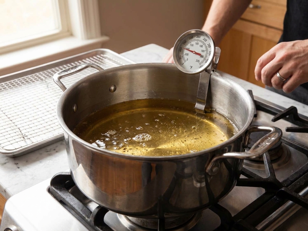 A deep pot of oil on a stovetop with a thermometer showing the oil is hot for frying