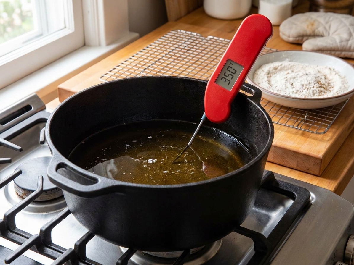 A deep pot of oil on a stovetop with a thermometer clipped to the side reading frying temperature