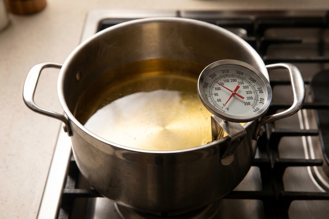 A deep pot of oil on a stovetop with a thermometer clipped to the side reading around 350 degrees Fahrenheit