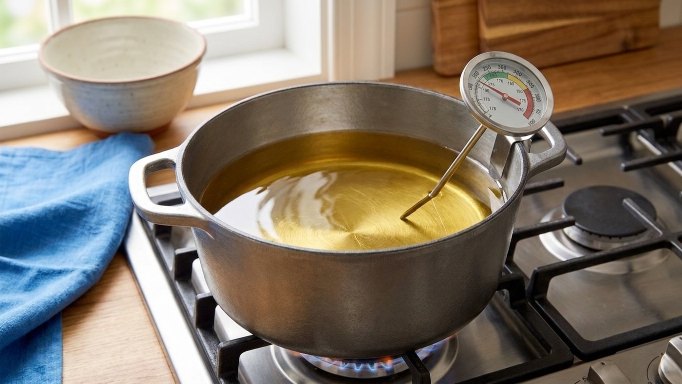 A deep pot of oil on a stovetop with a thermometer clipped to the side, showing the oil heating to frying temperature