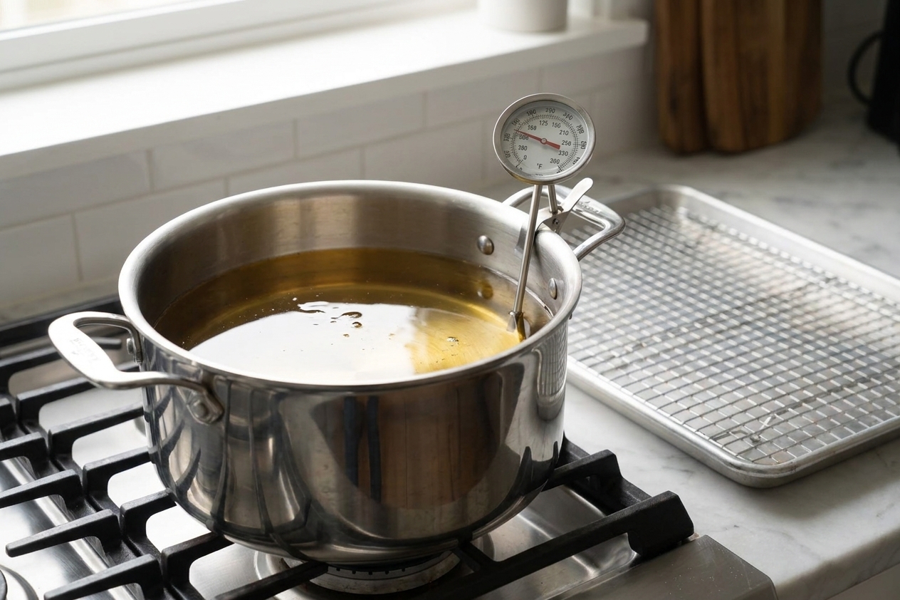 A deep pot of oil on the stove with a thermometer reading around 350 degrees, with a wire rack and sheet pan set up for draining nearby