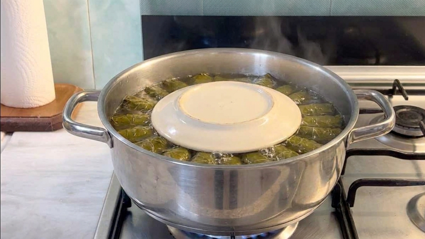 A deep pot on a stovetop with stuffed grape leaves packed inside and a small plate pressing them down during a gentle simmer