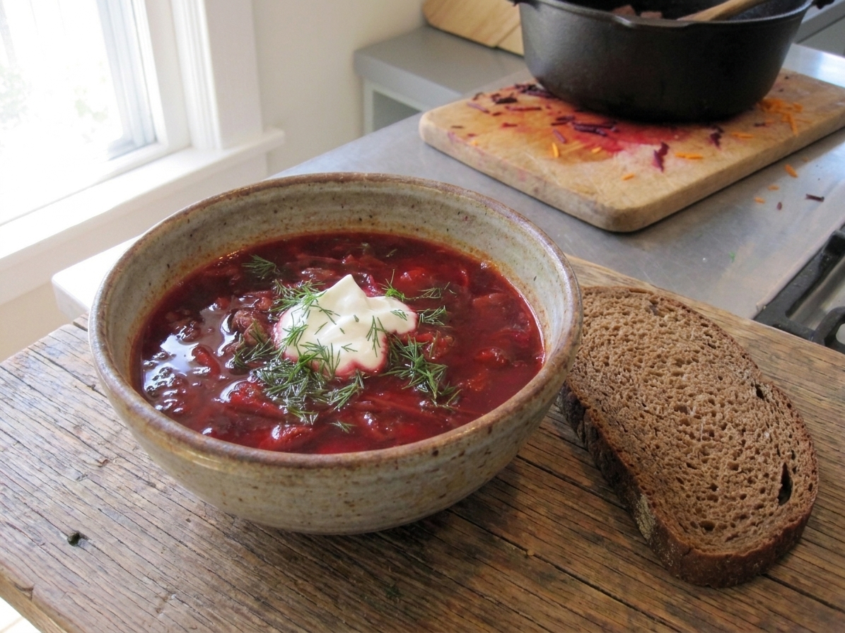 A deep red bowl of borscht topped with a generous spoonful of sour cream and fresh dill, set on a wooden table with a slice of rye bread