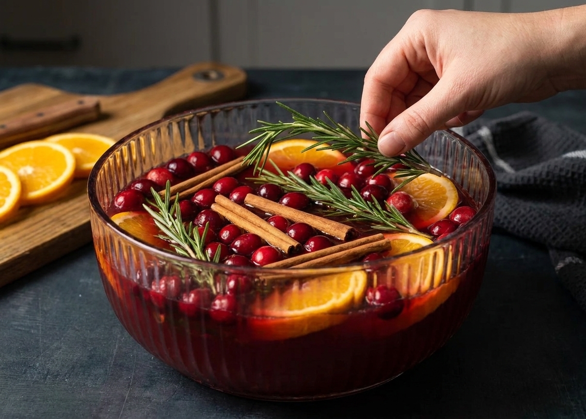 A-deep-red-cranberry-orange-punch-base-in-a-clear-bowl-with-cinnamon-sticks-and-rosemary-sprigs-ready-to-chill