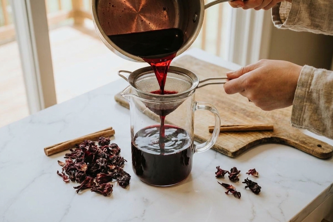 A deep red hibiscus concentrate being poured through a fine-mesh strainer into a glass pitcher on a kitchen counter