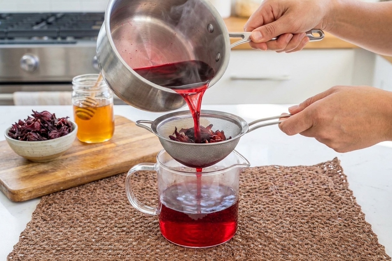 A deep red hibiscus tea being poured through a fine-mesh strainer into a glass pitcher on a kitchen counter