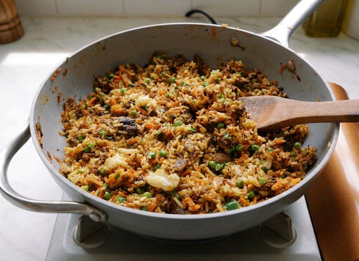 A deep skillet filled with chop meat and rice, topped with chopped parsley, with a wooden spoon resting in the pan on a warm kitchen stovetop