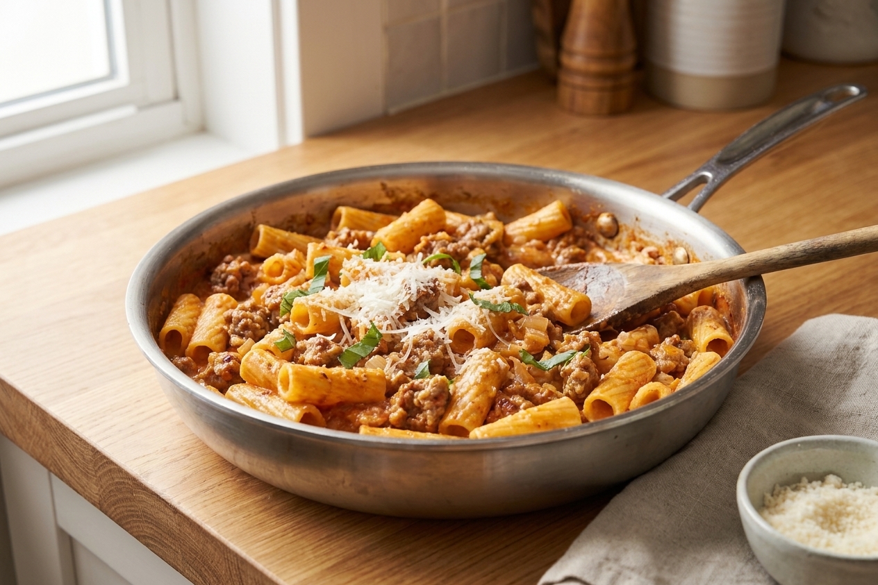 A deep skillet filled with rigatoni coated in creamy tomato sauce with browned Italian sausage and grated Parmesan, set on a warm kitchen counter with soft natural light