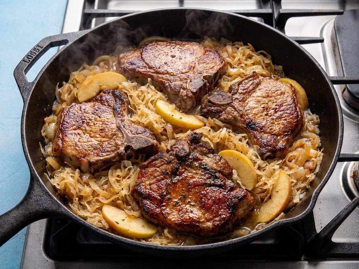 A deep skillet filled with seared pork nestled into sauerkraut with sliced apples and onions, steaming on a home stovetop under warm kitchen lighting