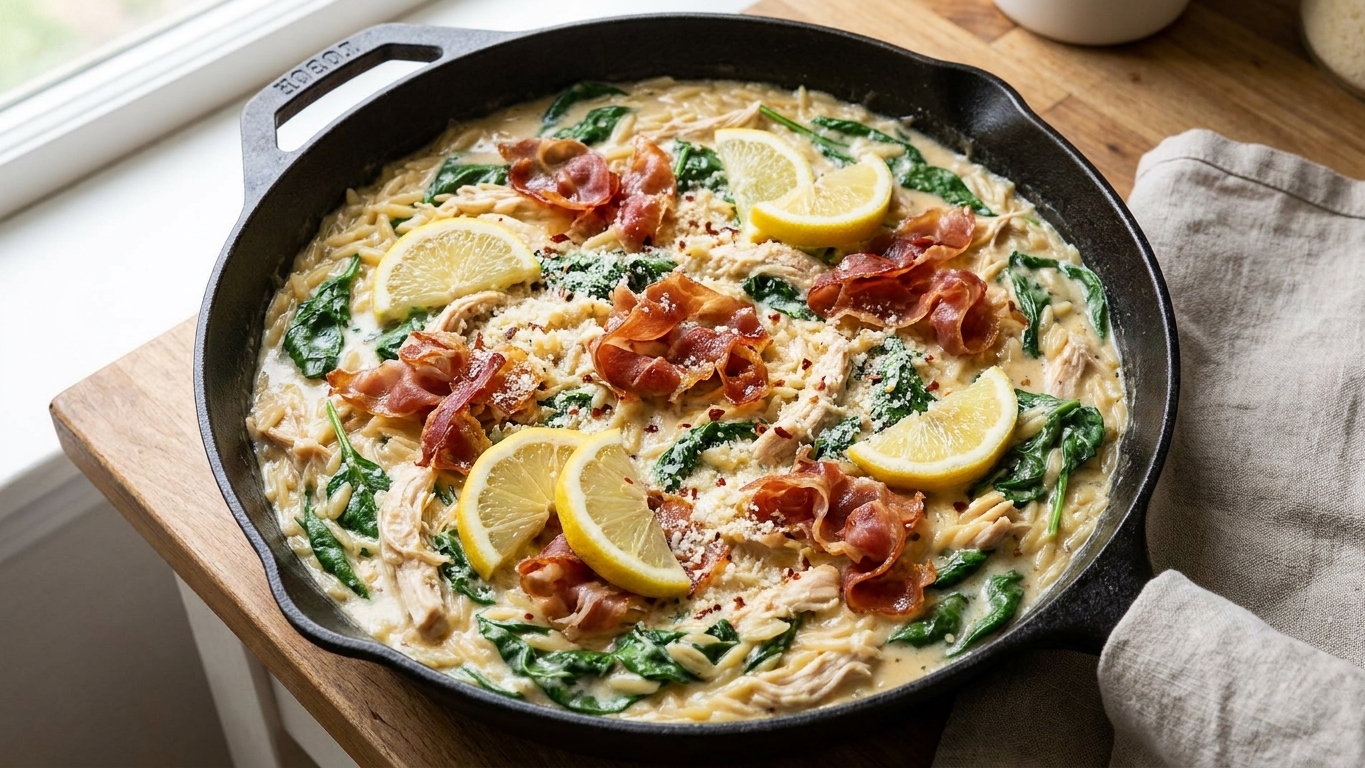 A deep skillet of creamy chicken orzo with wilted spinach, crispy prosciutto pieces, lemon wedges, and grated parmesan on top, set on a warm kitchen counter with soft natural light