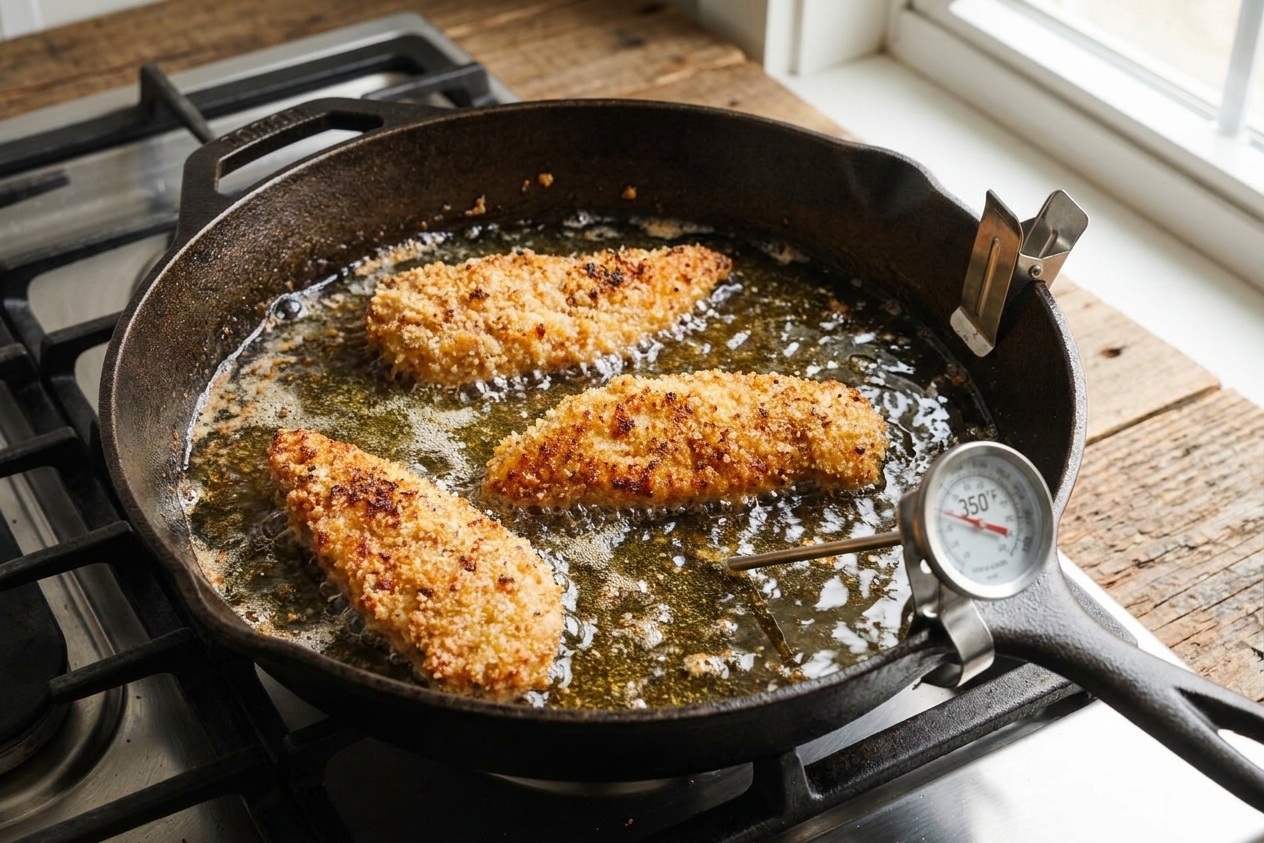 A deep skillet of hot oil on a stove with chicken tenders frying while a clip-on thermometer reads the oil temperature