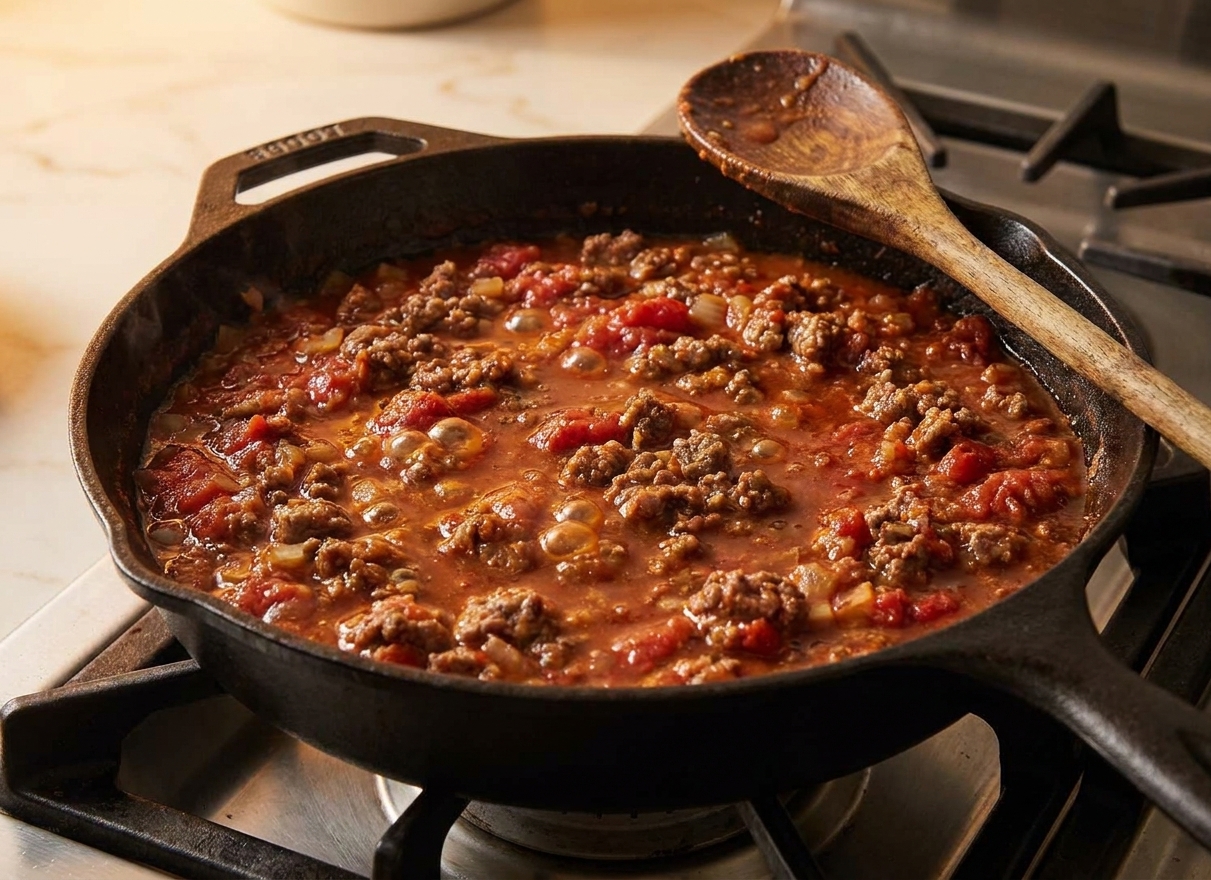 A deep skillet of rich spaghetti meat sauce simmering on the stove with visible browned beef, tomato sauce, and a wooden spoon resting on the edge, warm kitchen lighting