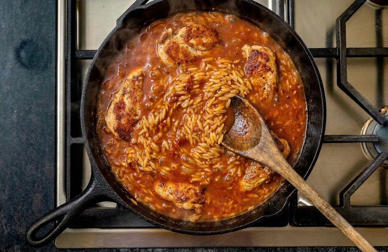 A deep skillet of tomato-broth risoni simmering with chicken pieces, showing a glossy, thickening sauce being stirred with a spoon