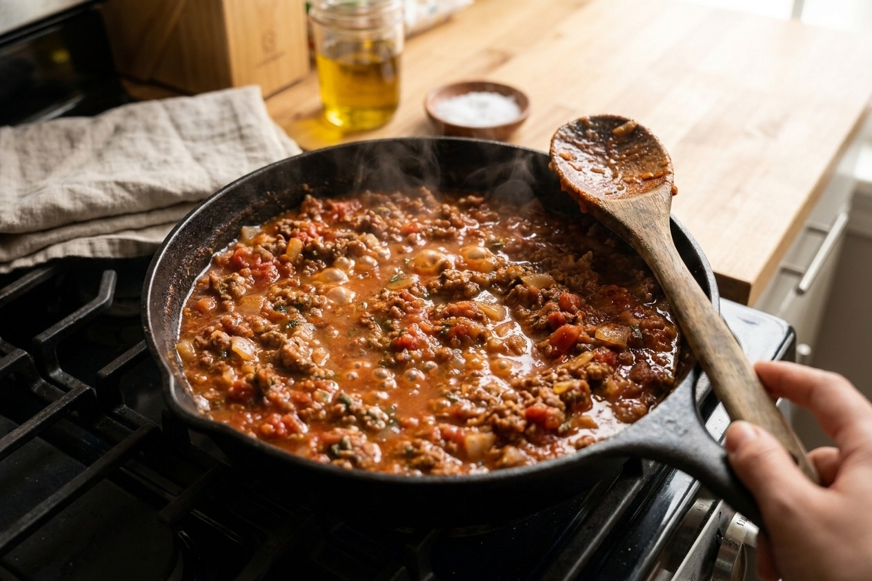 A deep skillet on a stove with chunky meat sauce simmering gently, wooden spoon resting on the edge