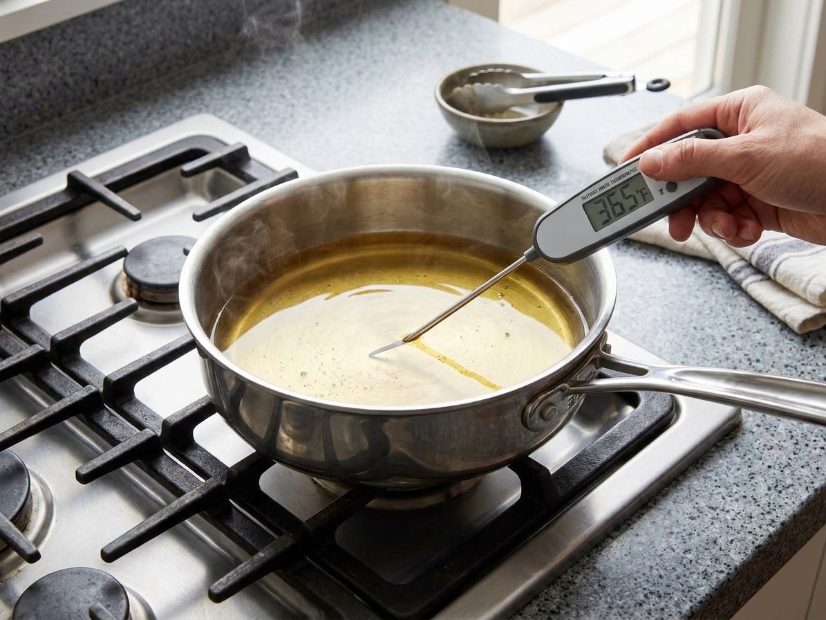 A deep skillet on a stovetop filled with hot oil, with an instant-read thermometer showing frying temperature