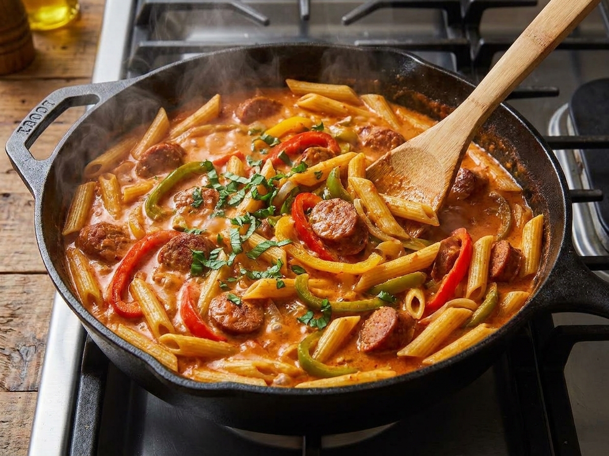 A deep skillet on a stovetop with pasta simmering in a creamy red-orange Cajun sauce while a wooden spoon stirs and steam rises