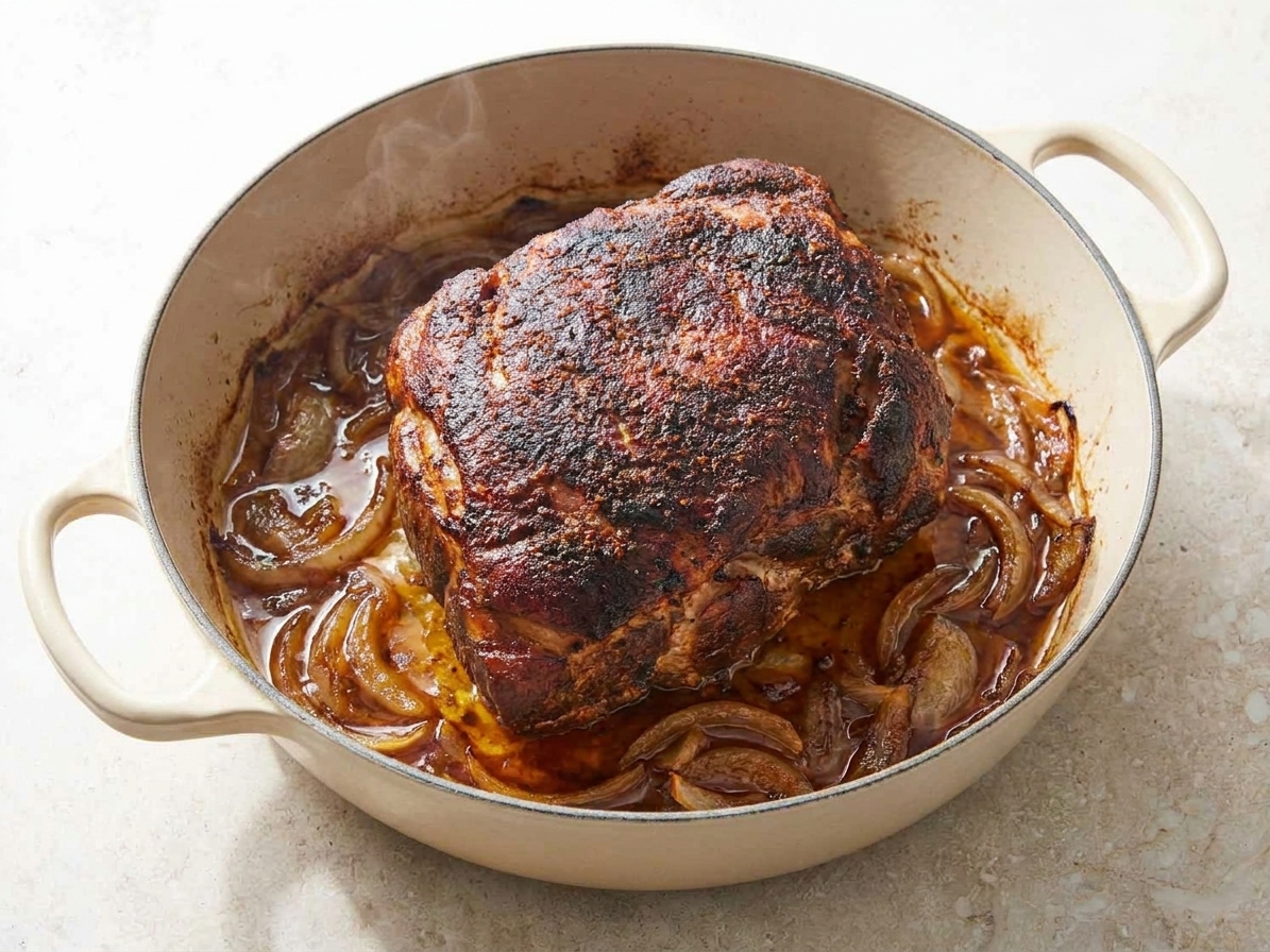 A deeply browned pork butt roast in a roasting pan with onions and rendered juices around it