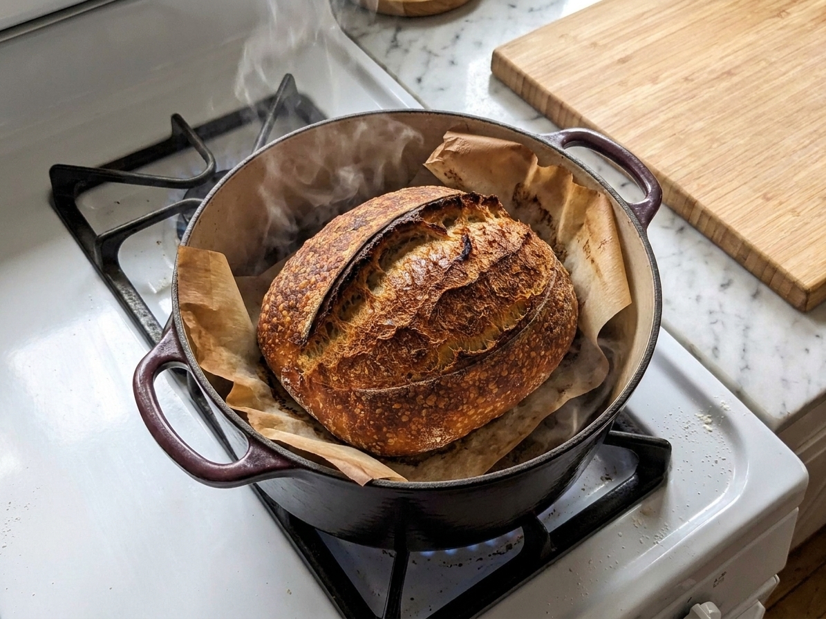 A deeply browned sourdough loaf sitting inside an open Dutch oven just after baking