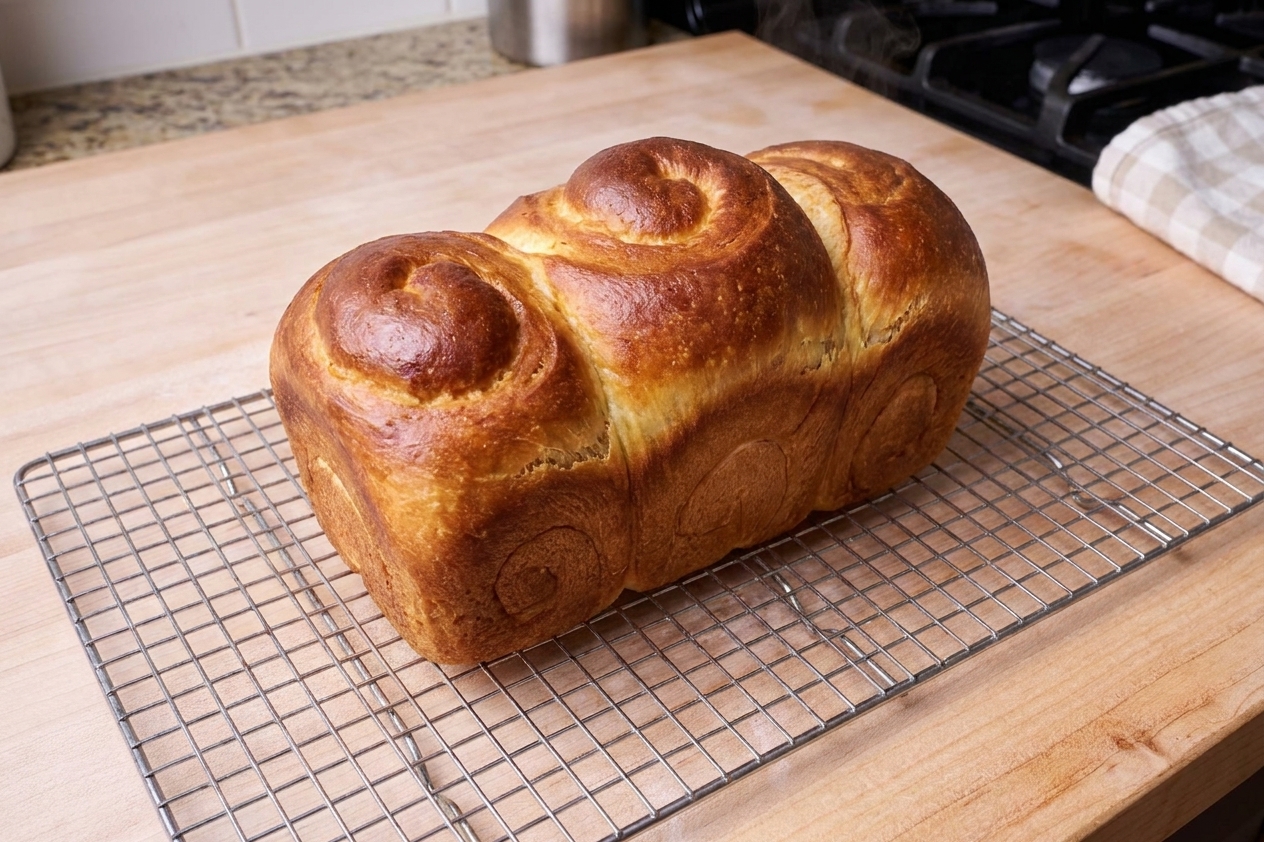 A deeply golden shokupan loaf resting on a wire rack in a cozy home kitchen, cooling before slicing