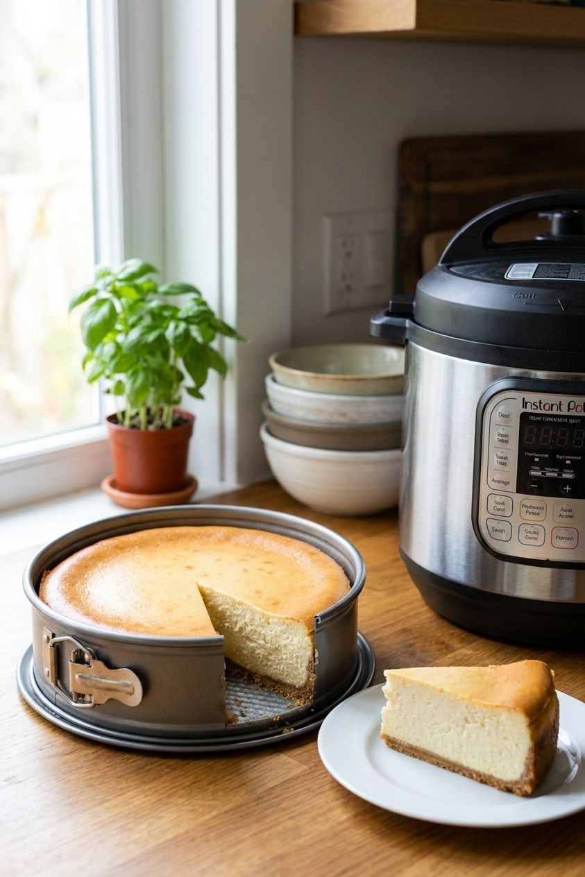 A dense New York style cheesecake in a 7-inch springform pan on a kitchen counter next to an Instant Pot, with a smooth crack-free top and a slice removed, natural window light