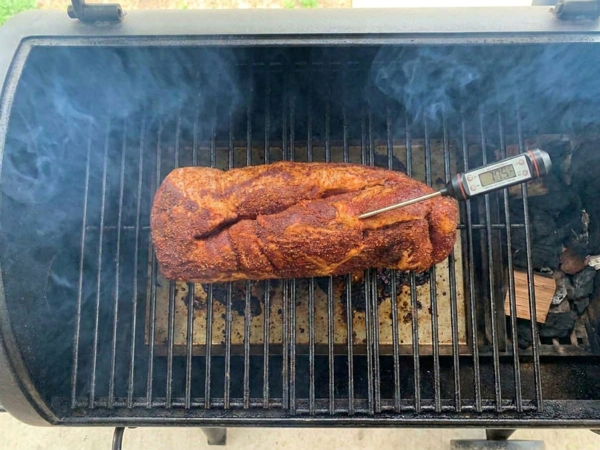 A digital probe thermometer inserted into the thickest part of a smoked pork loin on a smoker grate