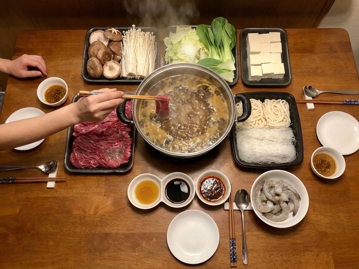 A dining table scene with a simmering hot pot in the center and chopsticks dipping thin-sliced beef into the broth, surrounded by plates of vegetables and noodles