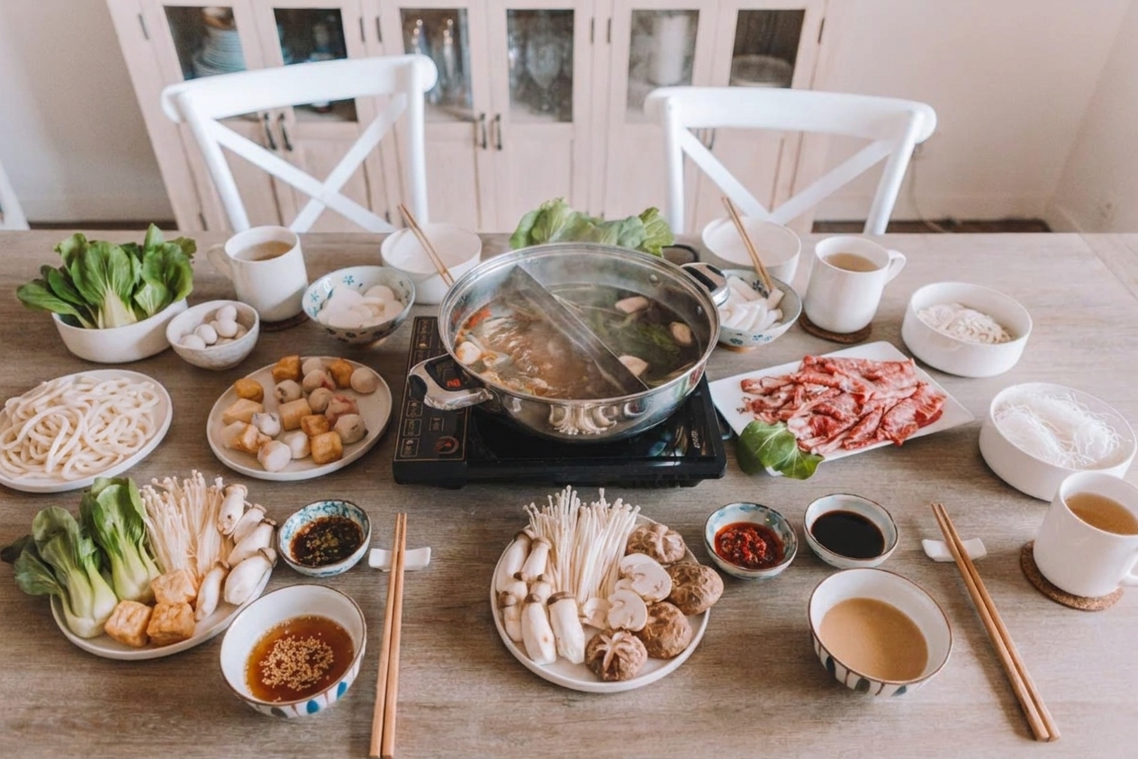 A dining table set with small sauce bowls, chopsticks, and platters of vegetables, tofu, noodles, and sliced meat around a portable burner
