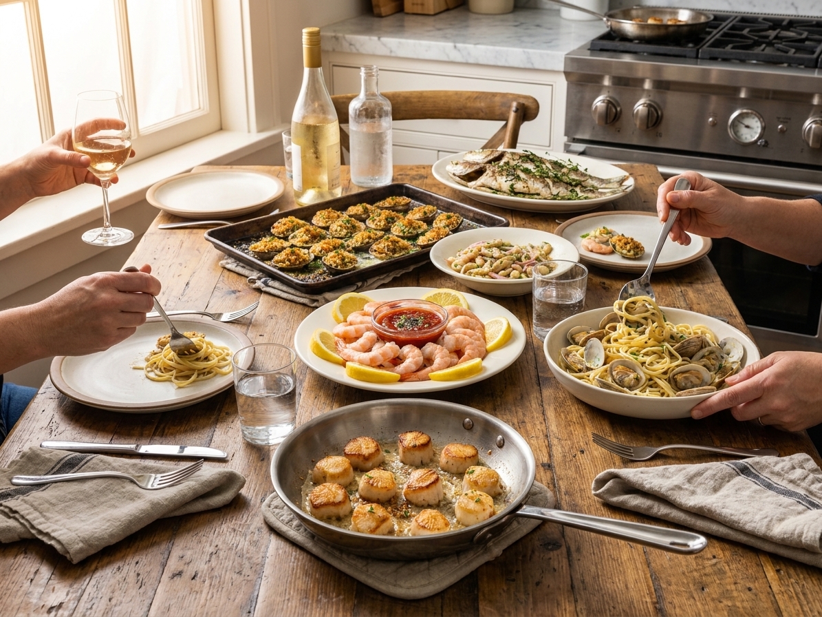 A dining table with small plated seafood courses including shrimp cocktail, baked clams, clam pasta, roasted fish, and seared scallops, served family-style