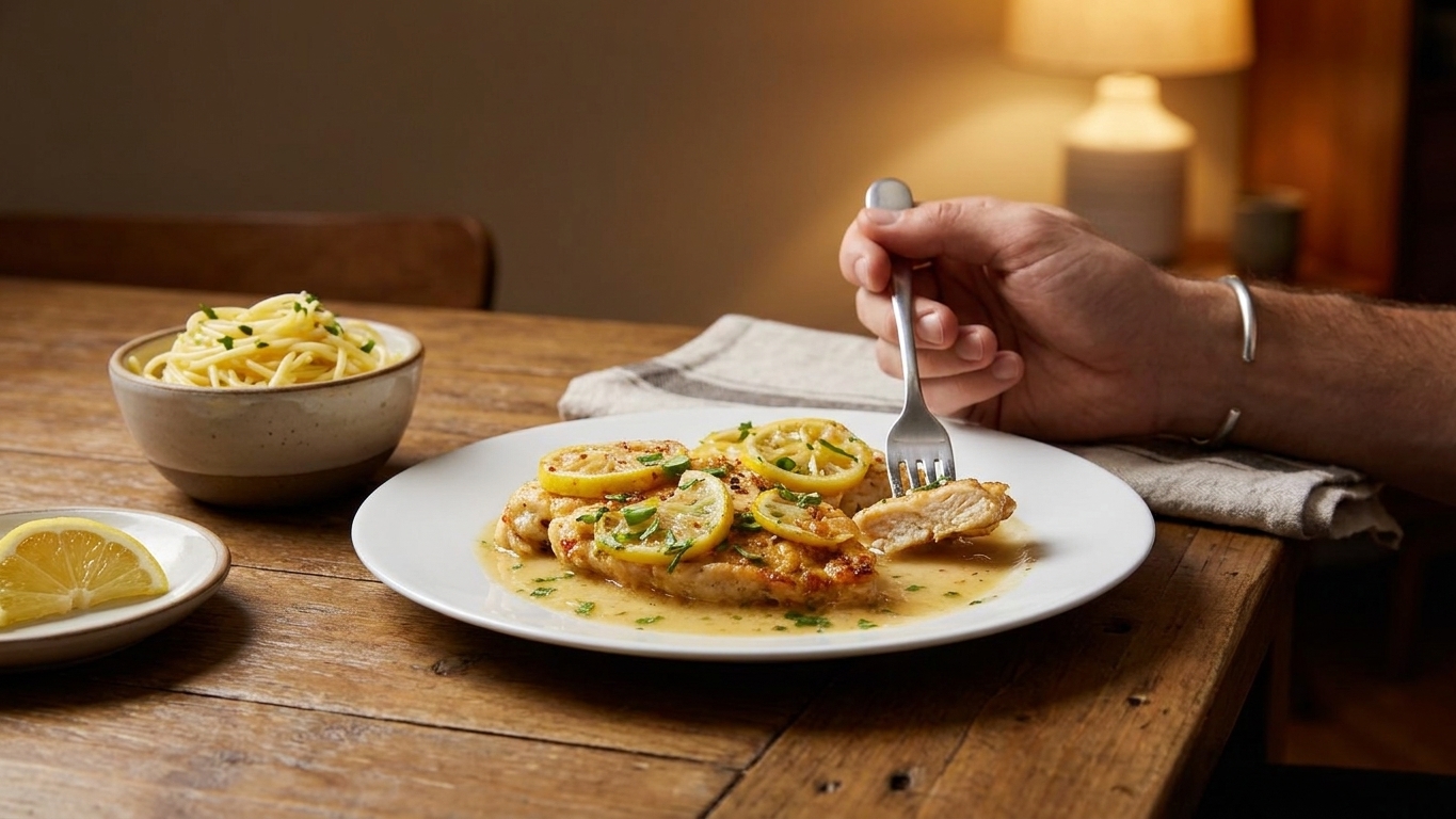 A dinner plate of chicken francaise on a table setting with a fork, lemon wedge, and a small bowl of pasta, warm home dining room lighting